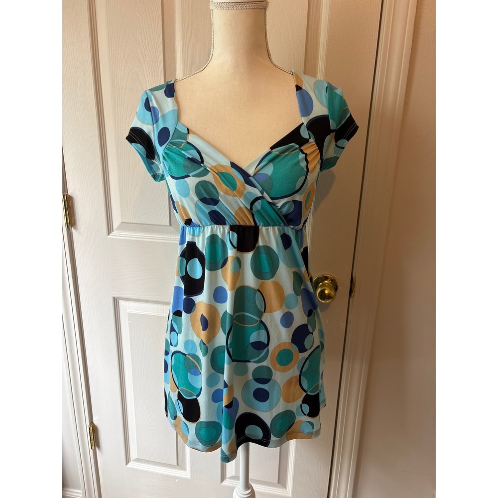Catch My I Tunic Top Women L Blue Geometric Circle Print Empire Waist Retro Tie